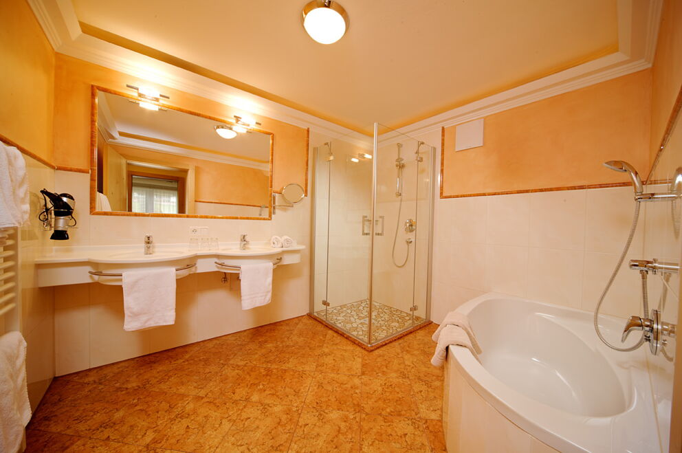 Bright bathroom with modern shower and stylish bathtub.