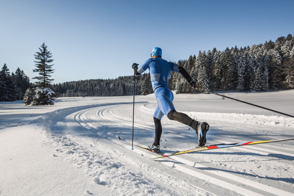 Cross-country skiers on a sunny snowy trail, surrounded by snow-covered forests and clear skies.