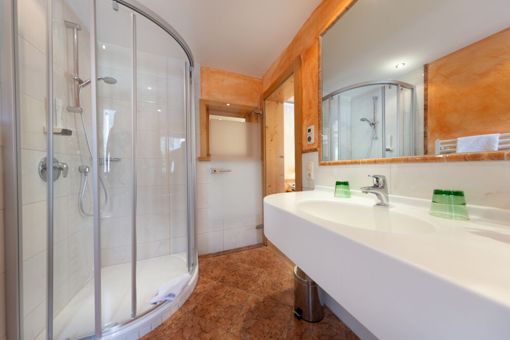 Modernes Bad mit großer Dusche und stilvollen Holzakzenten.