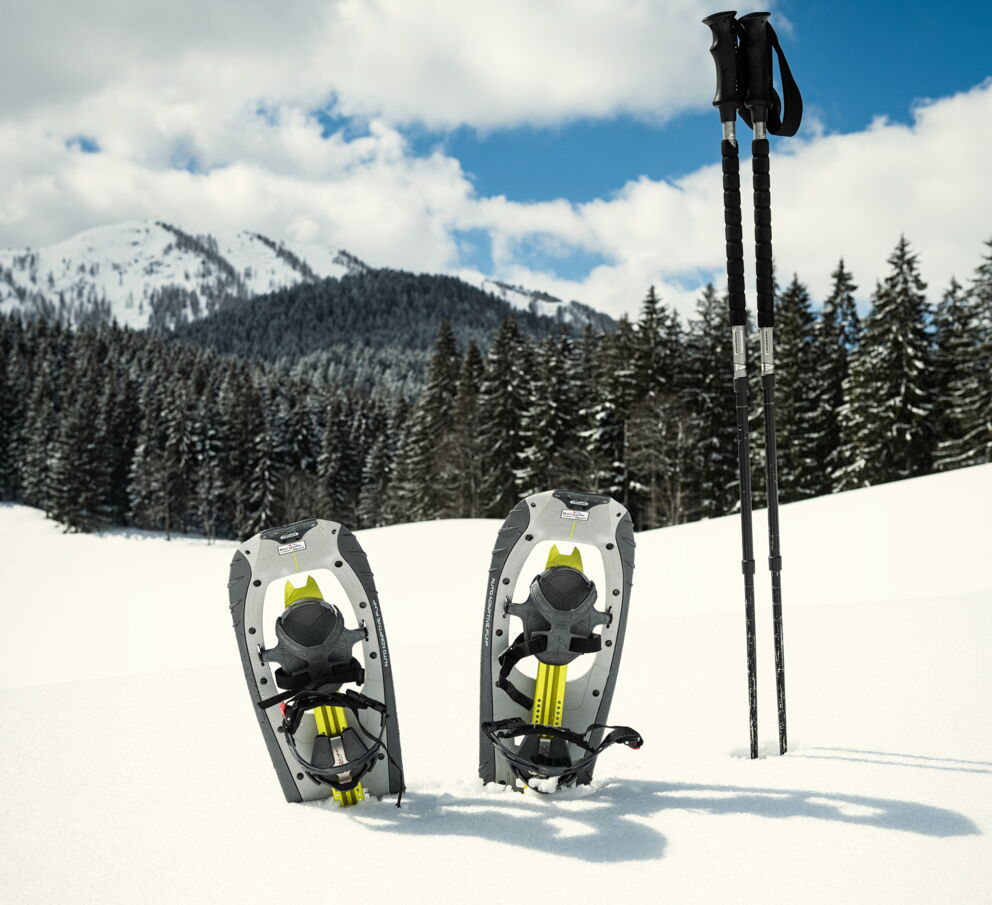 Schneeschuhe und Stöcke im verschneiten Gelände vor malerischen Bergen und Wäldern.
