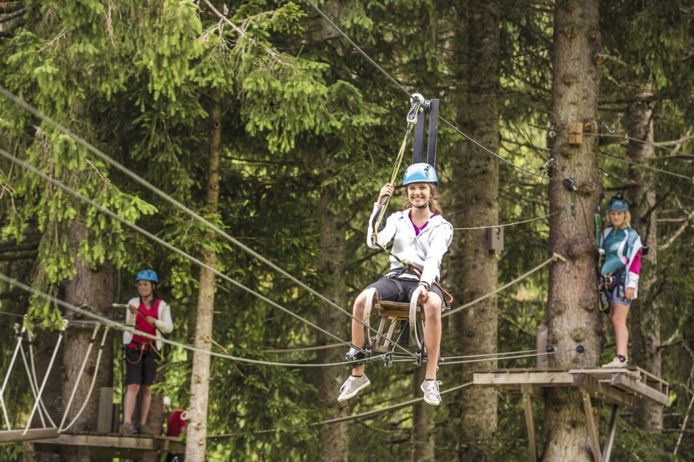 Personen genießen Kletterpark-Erlebnis zwischen hohen Bäumen im Wald.