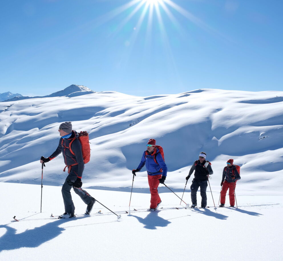Vier Personen wandern in Winterkleidung durch schneebedeckte Landschaft bei strahlendem Sonnenschein.