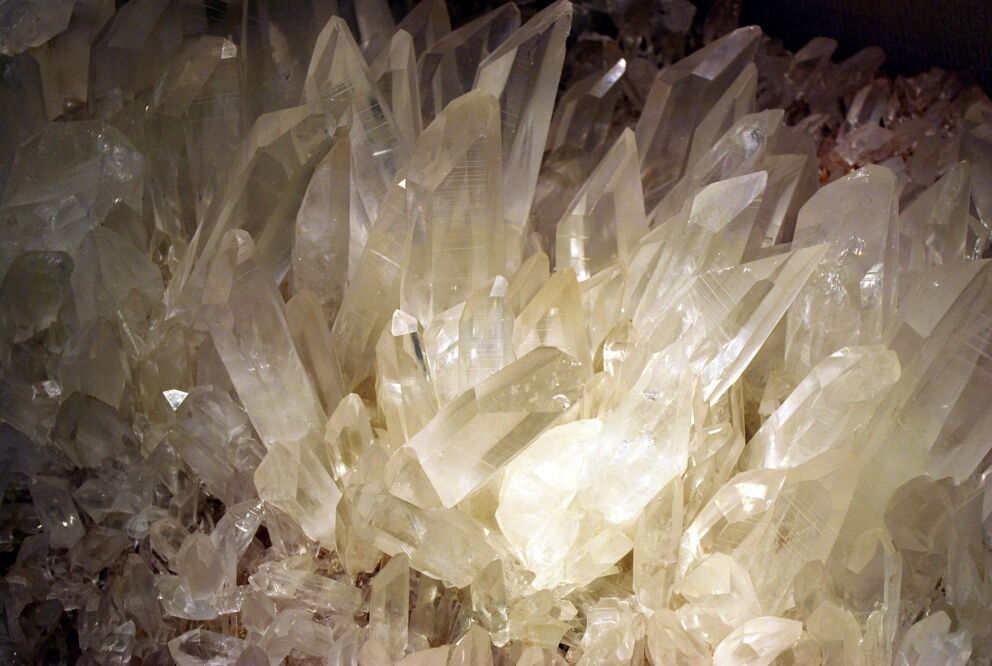 Close-up of clear, shimmering crystals in natural light